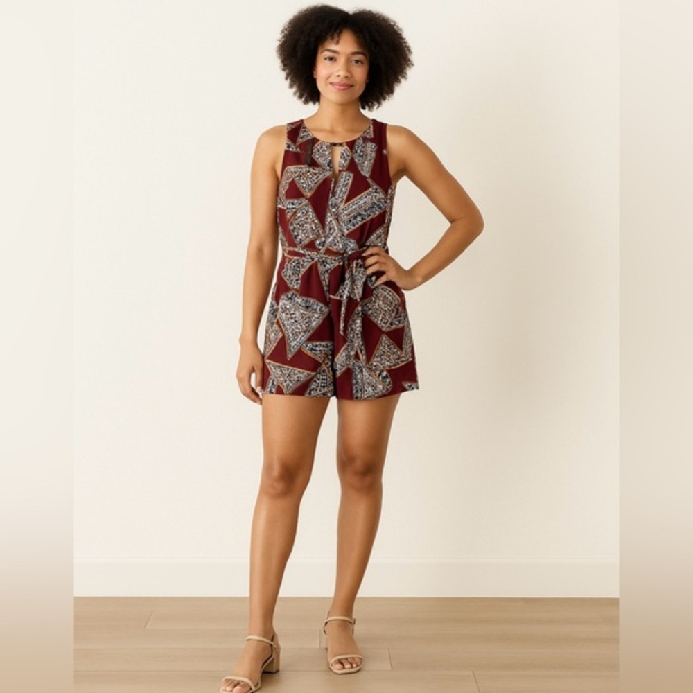 ✨4/$30 Blue Rain Burgundy Sleeveless Romper – Tribal Print – Size Large